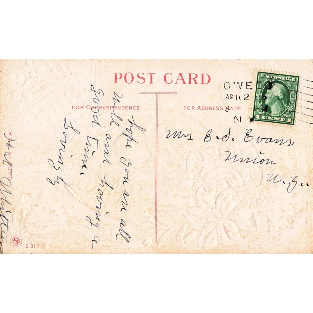 Vintage Happy Eastertide Postcard White Rabbit Lilies 1 Cent Stamp Owego NY S317 - Picture 2 of 2